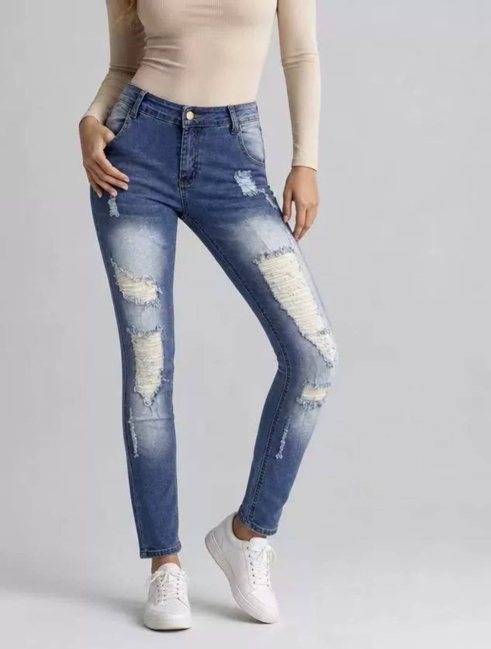 ZARA High Street Women Ripped Skinny High Waist Stretch Washed Denim Jeans
